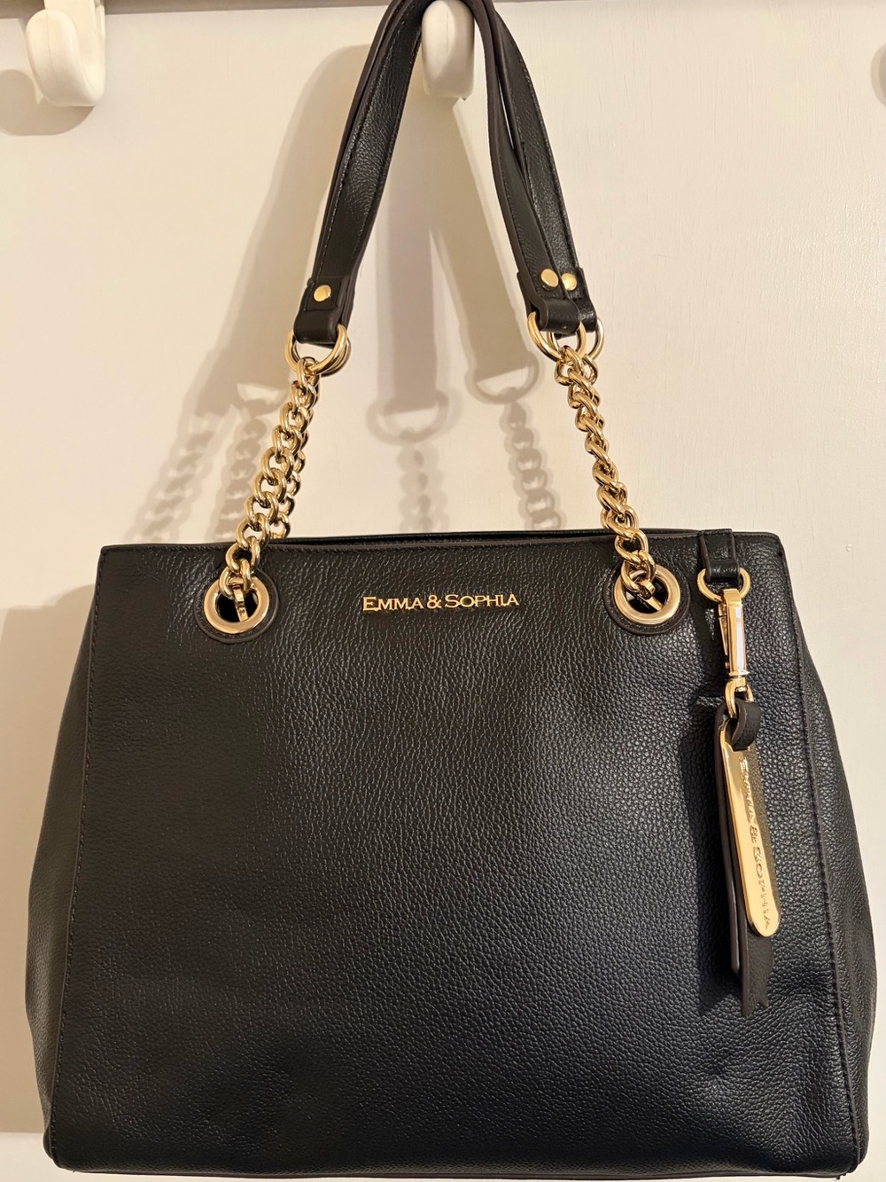 Emma & Sophia Black Pebbled Faux Leather Chain Shoulder Tote Bag Like New